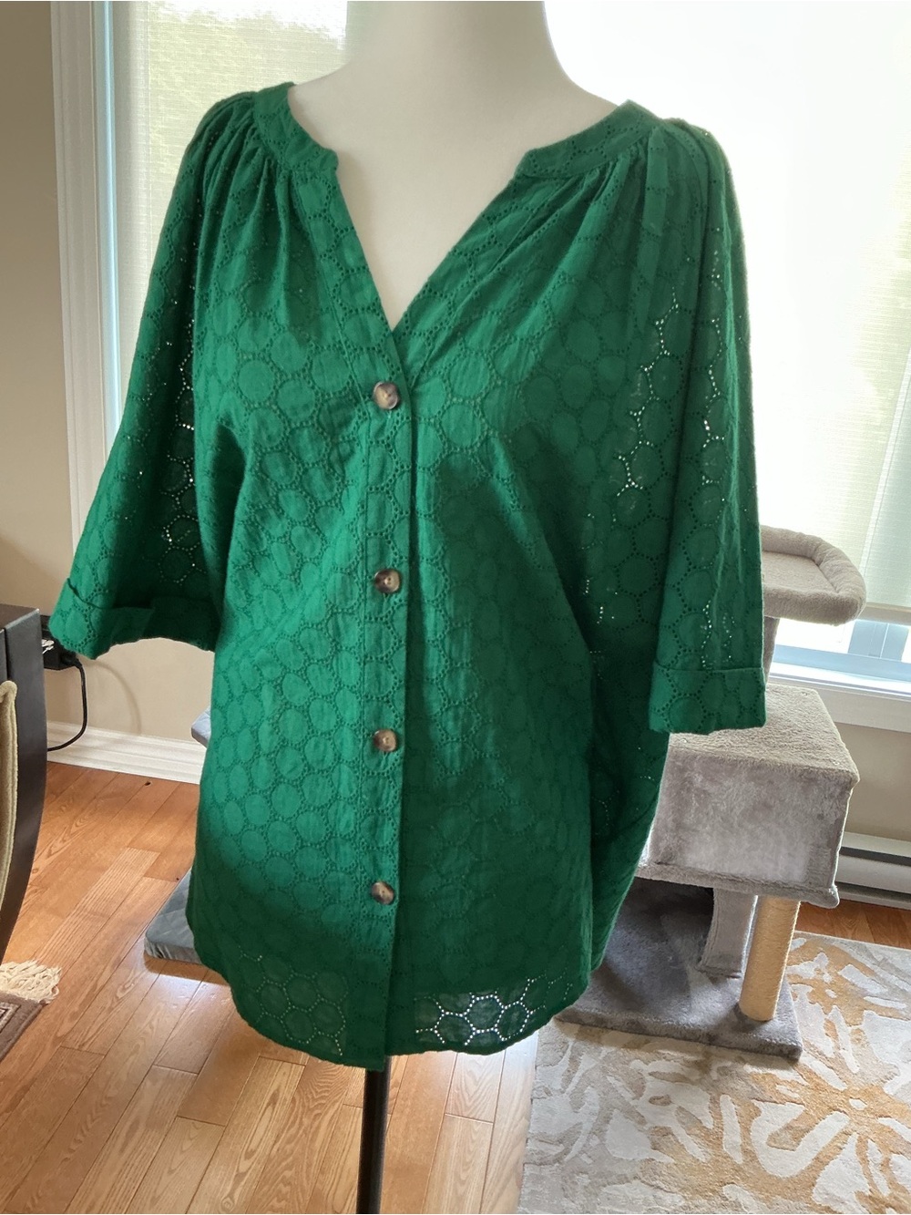 Green Eyelet Button-Front 100% Cotton Women's Top